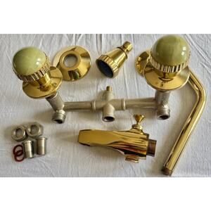 NIB VTG 1991 Polished Brass Green Onyx 2 Handle Tub Shower Faucet Set